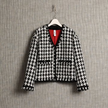 『Tulle houndstooth tweed』 No-collar jacket BLACKの画像