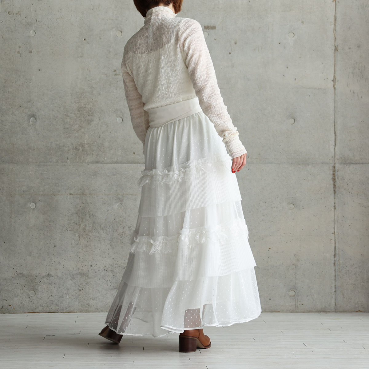 『Dot&pleats tulle』Tiered skirt WHITEの画像