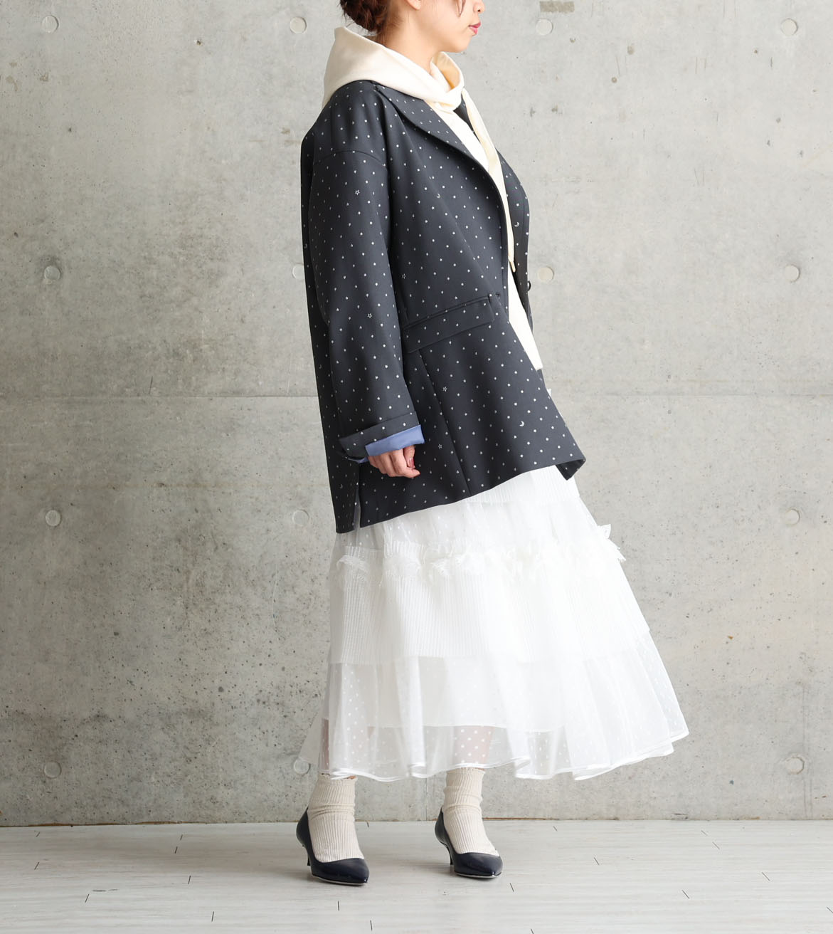 『Dot&pleats tulle』Tiered skirt WHITEの画像