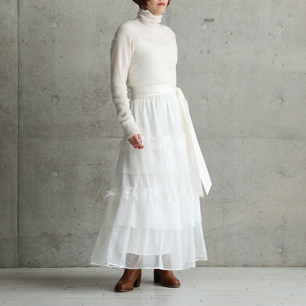 『Dot&pleats tulle』Tiered skirt WHITEの画像