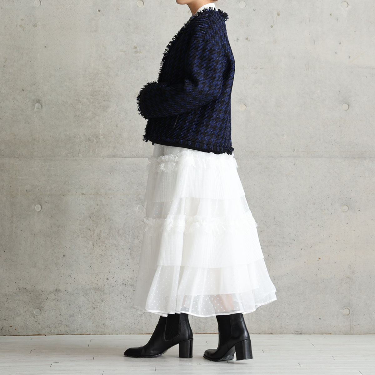 『Dot&pleats tulle』Tiered skirt WHITEの画像