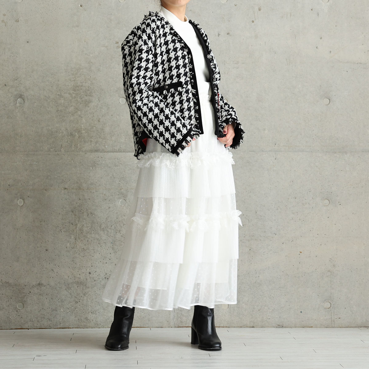 『Dot&pleats tulle』Tiered skirt WHITEの画像