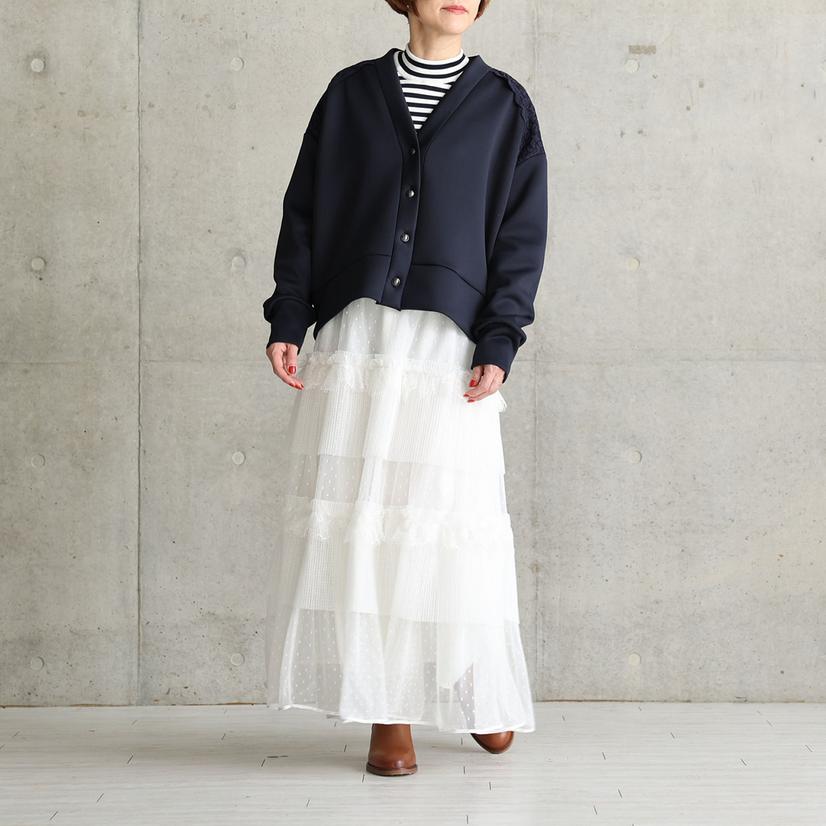 『Dot&pleats tulle』Tiered skirt WHITEの画像