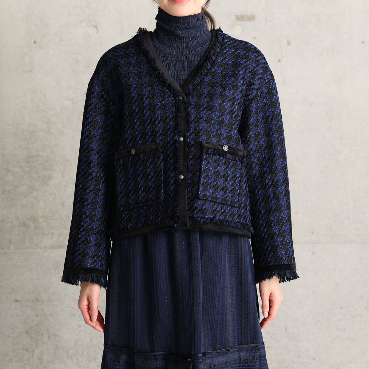 11月上旬お届け予定『Tulle houndstooth tweed』 No-collar jacket【全2色】の画像