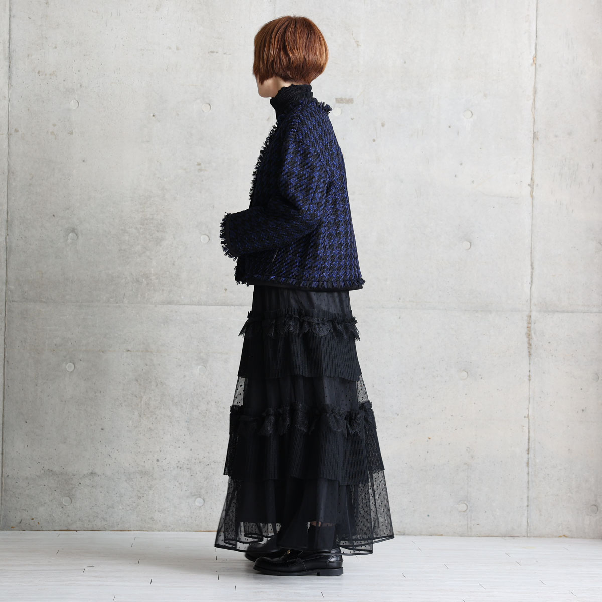 11月上旬お届け予定『Tulle houndstooth tweed』 No-collar jacket【全2色】の画像