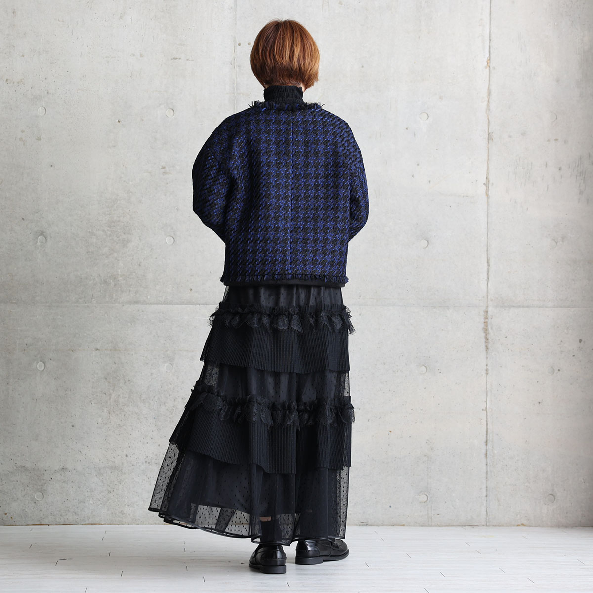 11月上旬お届け予定『Tulle houndstooth tweed』 No-collar jacket【全2色】の画像