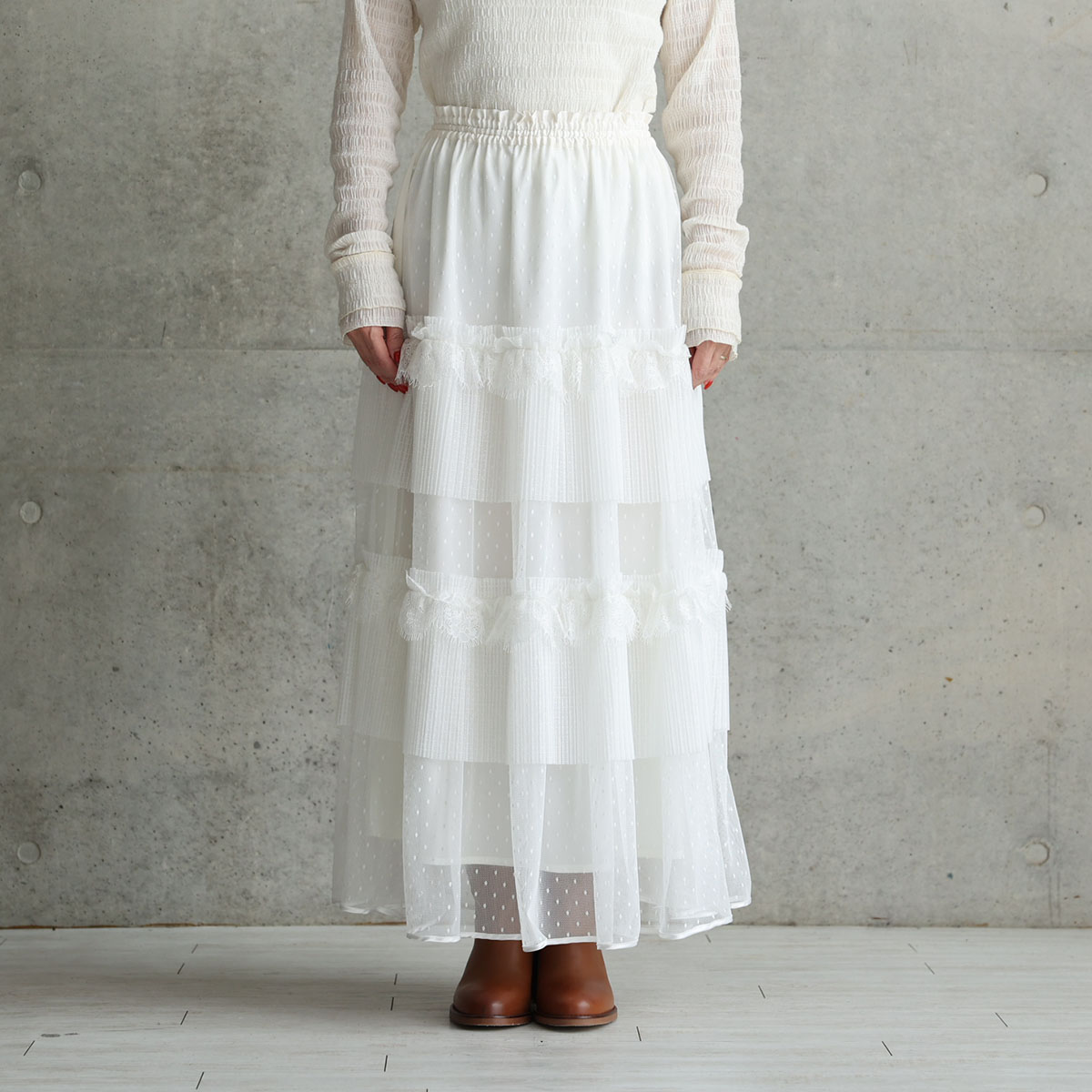 11月上旬お届け予定『Dot&pleats tulle』Tiered skirt【全3色】の画像