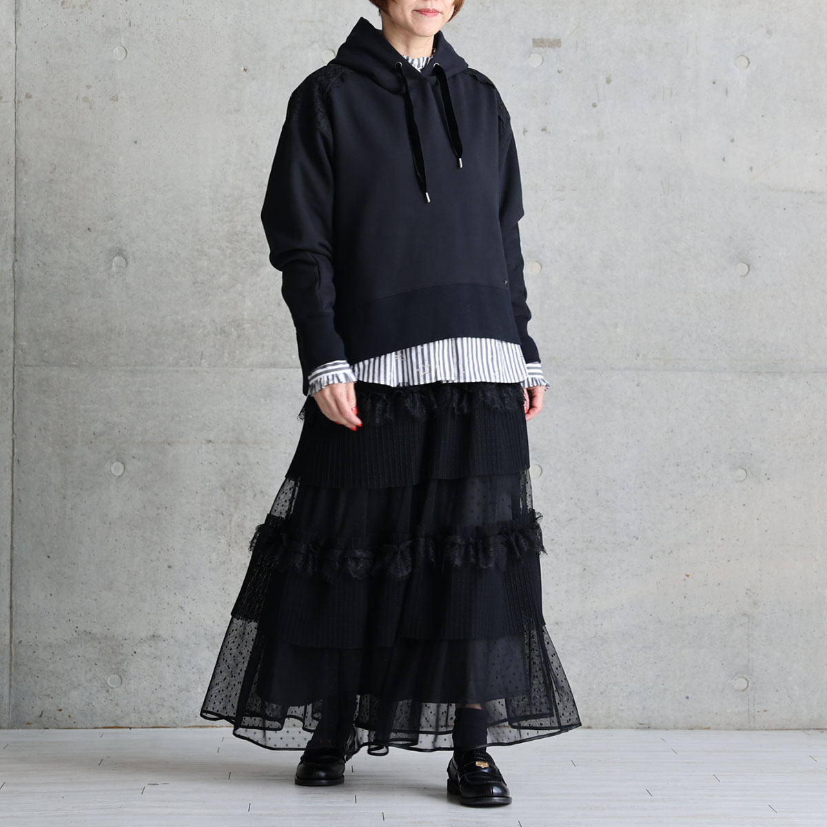 11月上旬お届け予定『Dot&pleats tulle』Tiered skirt【全3色】の画像