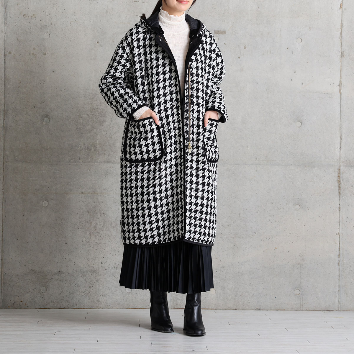 12月上旬届け予定『Tulle houndstooth tweed』2WAY Long Coat 【全2色】の画像