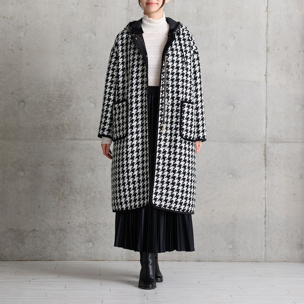 12月上旬届け予定『Tulle houndstooth tweed』2WAY Long Coat 【全2色】の画像