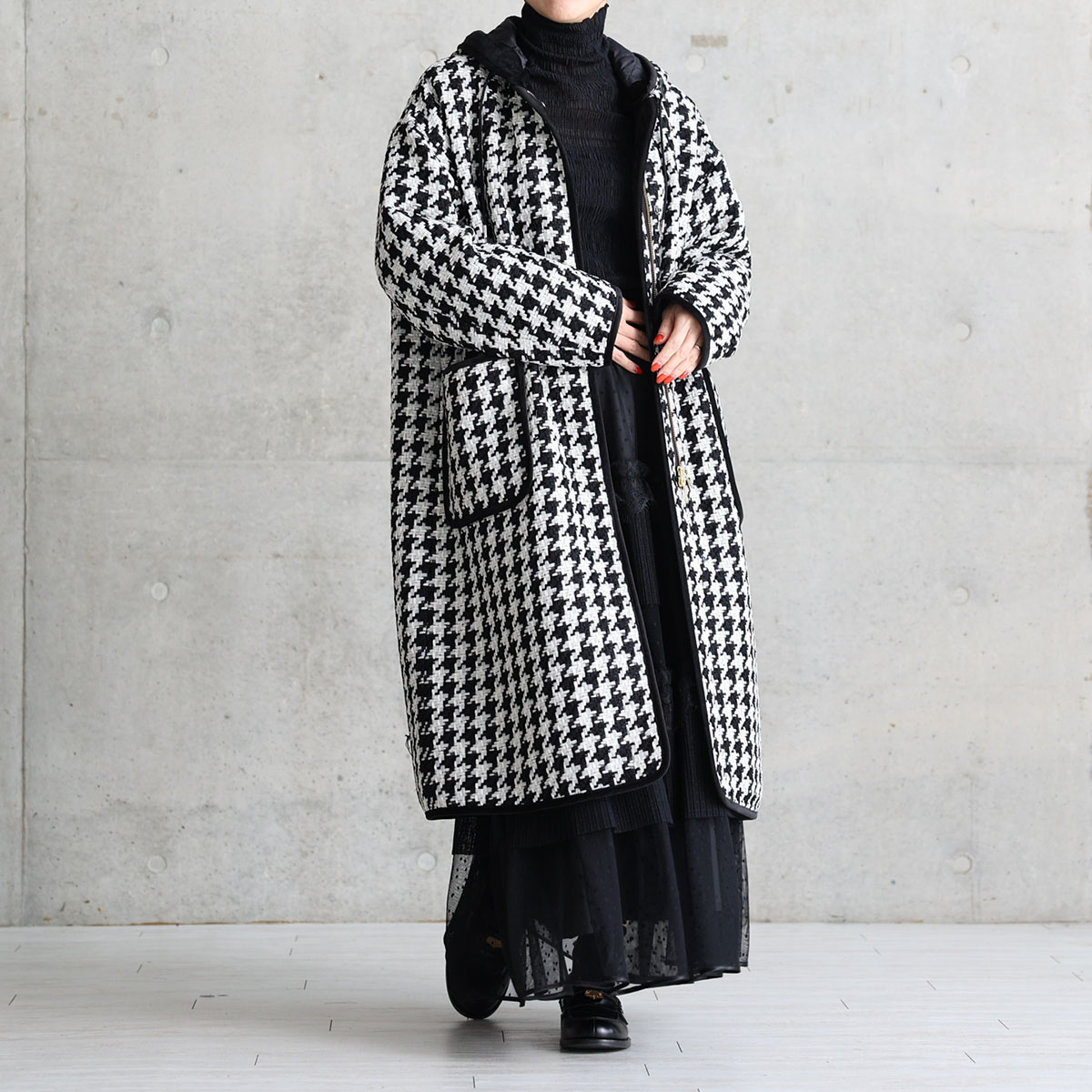 12月上旬届け予定『Tulle houndstooth tweed』2WAY Long Coat 【全2色】の画像