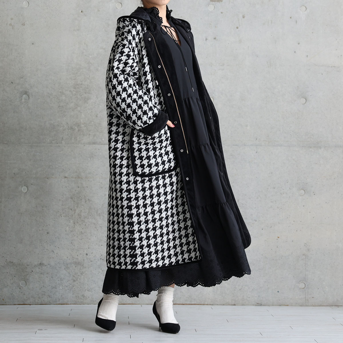 12月上旬届け予定『Tulle houndstooth tweed』2WAY Long Coat 【全2色】の画像