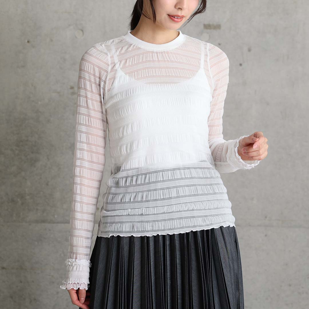 3月中旬~下旬お届け予定『Sheer border lace』 Crew-neck tops【全3色】の画像