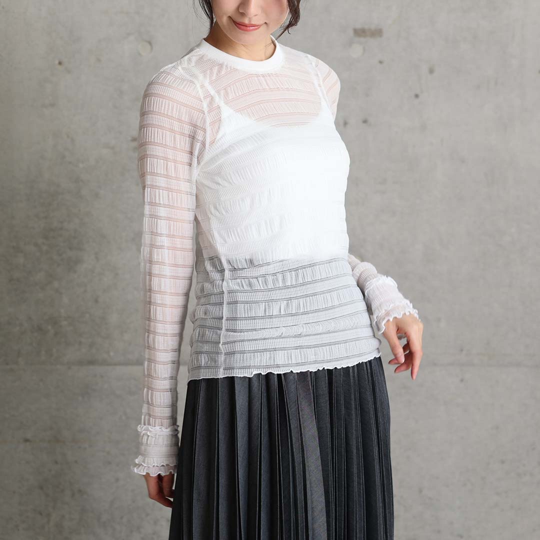 3月中旬~下旬お届け予定『Sheer border lace』 Crew-neck tops【全3色】の画像