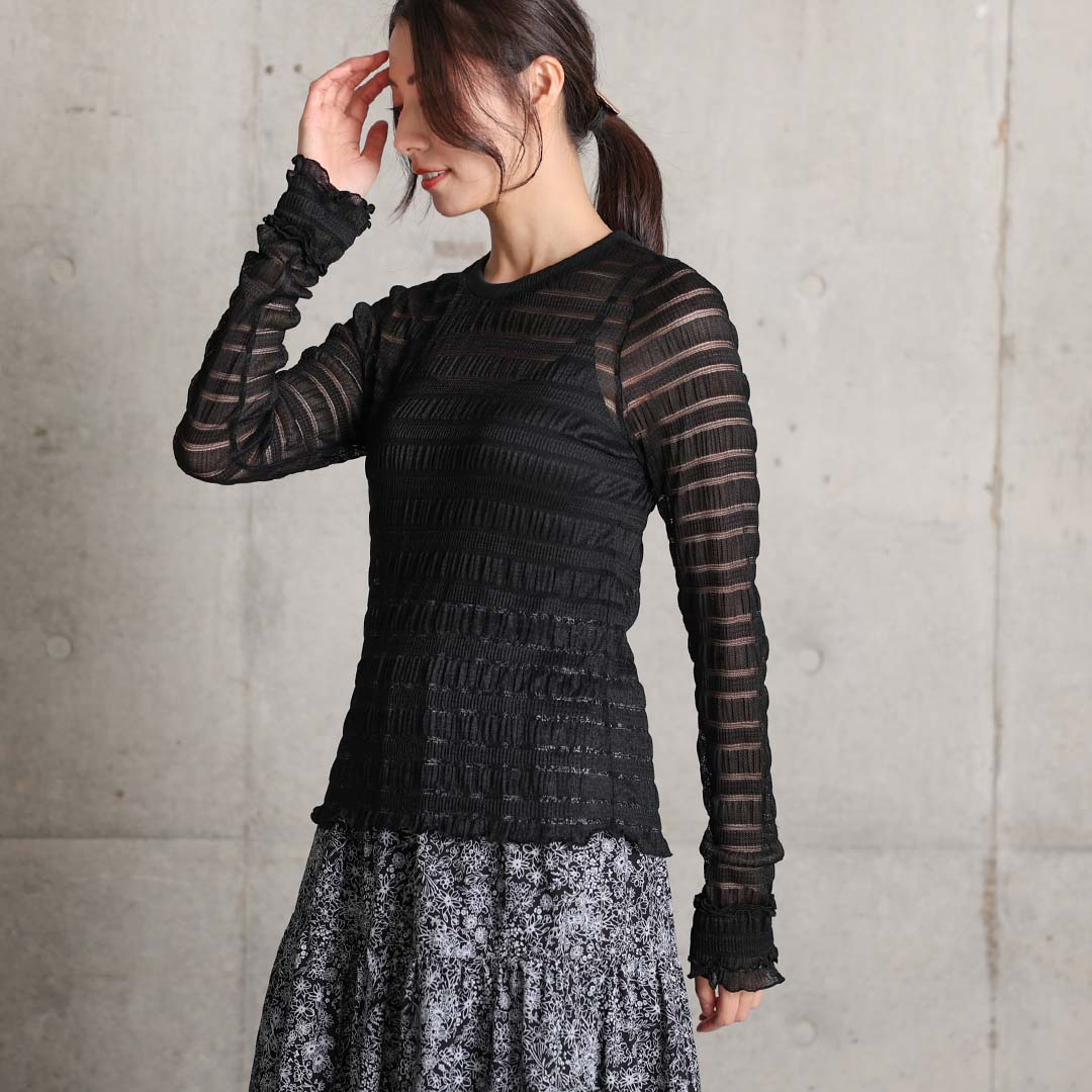 3月中旬~下旬お届け予定『Sheer border lace』 Crew-neck tops【全3色】の画像