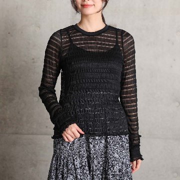 3月中旬~下旬お届け予定『Sheer border lace』 Crew-neck tops【全3色】の画像