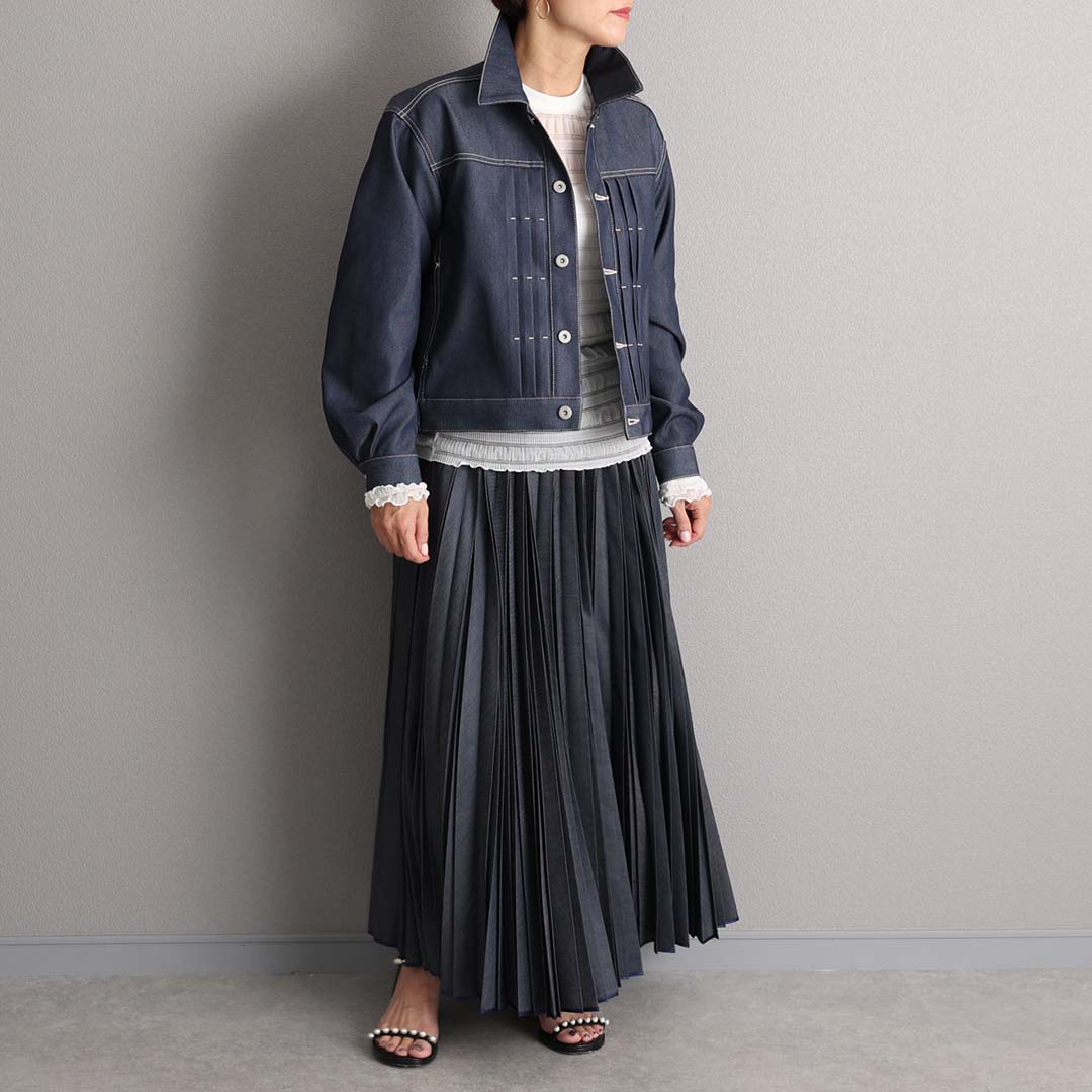 ３月上旬お届け予定 『Inflexion pleats』 Long skirt NAVY DENIMの画像