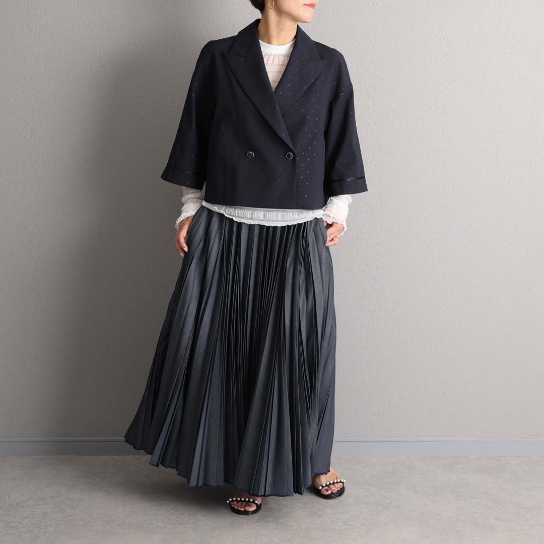 ３月上旬お届け予定 『Inflexion pleats』 Long skirt NAVY DENIMの画像