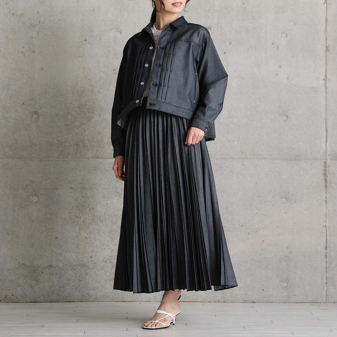 ３月上旬お届け予定 『Inflexion pleats』 Long skirt BLACK DENIMの画像