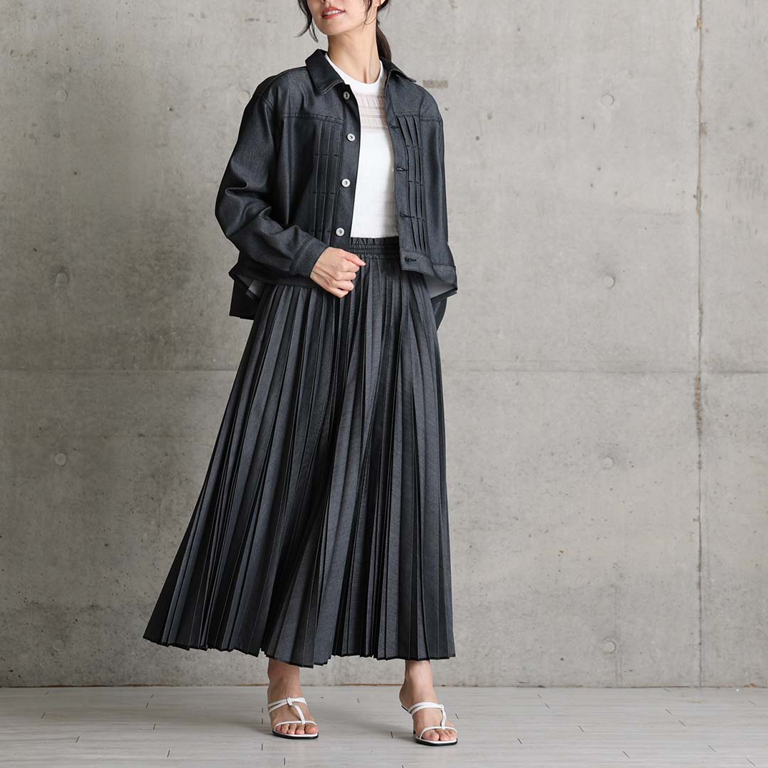 ３月上旬お届け予定 『Inflexion pleats』 Long skirt BLACK DENIMの画像