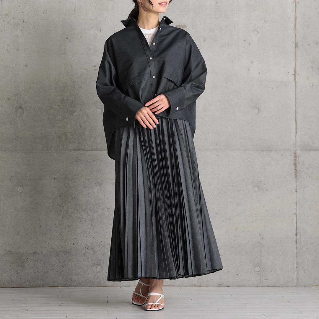 ３月上旬お届け予定 『Inflexion pleats』 Long skirt BLACK DENIMの画像