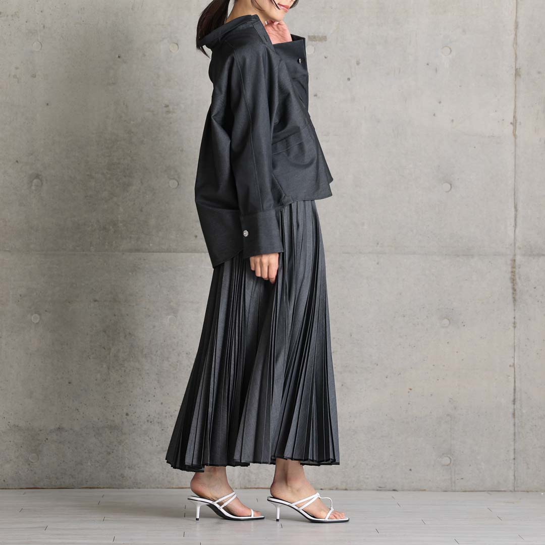 ３月上旬お届け予定 『Inflexion pleats』 Long skirt BLACK DENIMの画像