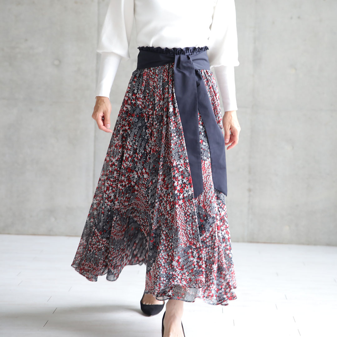 『Fly me to the moon』Chiffon long skirt NAVY×RED画像