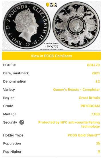 クイーンズ ビースト 銀貨 ロイヤルミント 2021  コイン PCGS NGC コンプリーターの画像