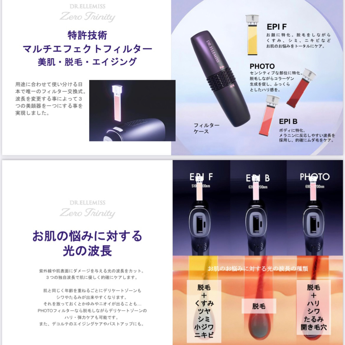 C【DR.ELLEMISS Zero Trinity】​ドクターエルミスゼロトリニティ日本初の特許技術！冷却＆レベル自動調整でストレスフリーなムダ毛ケア。1台3役の光美容機器画像