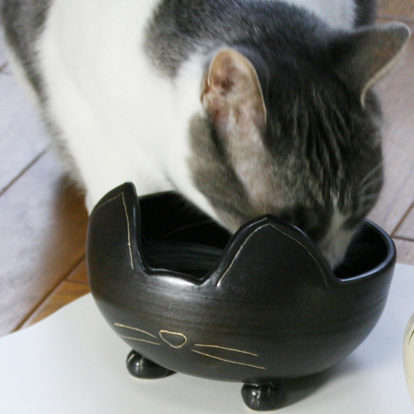 猫さんのごちそう茶碗・黒画像