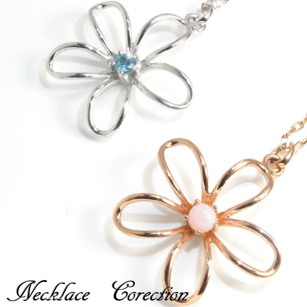 【フラワーモチーフ】WG天然ブルートパーズ＆PG天然ピンクオパールネックレスの画像