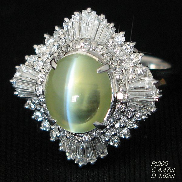 【価格交渉対象商品】クリソベリルキャッツアイ4.47ｃｔ・ダイヤモンド1.62ｃｔプラチナリング/Pｔ900指輪・鑑別書付の画像
