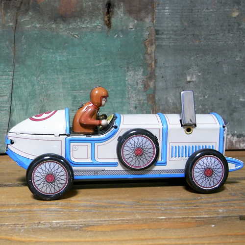 レーシングカーブリキのおもちゃ ブリキ製ゼンマイ自動車　アメリカン雑貨画像