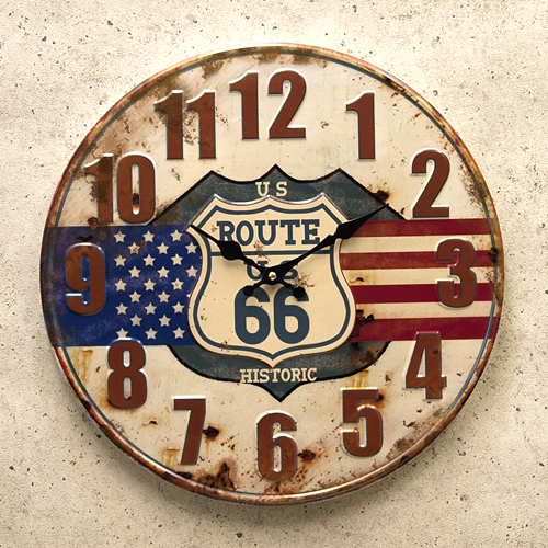 US ルート66 エンボス掛け時計 ブリキ製掛け時計　アメリカンインテリア画像