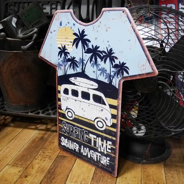 エンボス プレート Surfing Time Tシャツ型ブリキ看板　ハワイアン　サーフィング　アメリカン雑貨画像