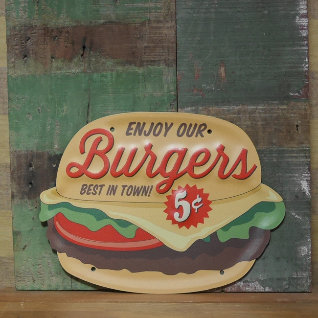 フードサイン ハンバーガー エンボスブリキ看板　ティンサイン　アメリカン雑貨画像