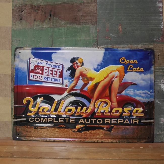 ピンナップガール アンティーク エンボスメタルプレート 【イエローローズ】 ブリキ看板の画像