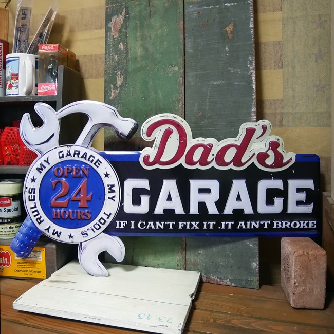 アンティークエンボスプレート ダイカット ブリキ看板 DAD'S GARAGE アメリカン雑貨画像