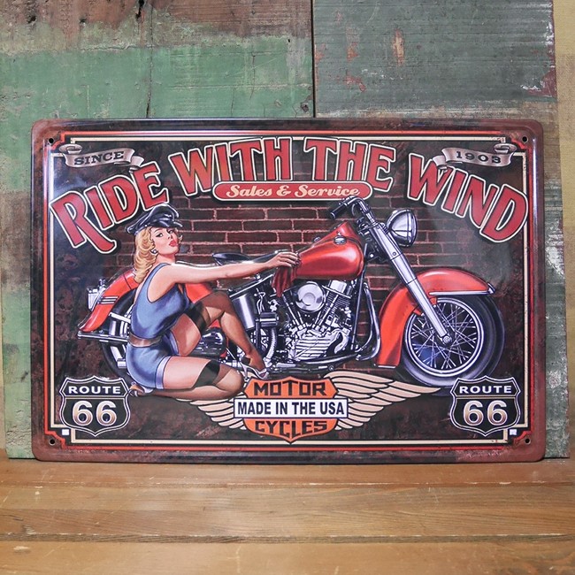 ブリキ看板【RIDE WITH THE WIND 】A4サイズ エンボスティンプレート　アメリカン雑貨画像