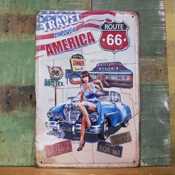 ブリキ看板【TRAVEL AMERICA 】ルート66 A4サイズ エンボスティンプレート　アメリカン雑貨画像