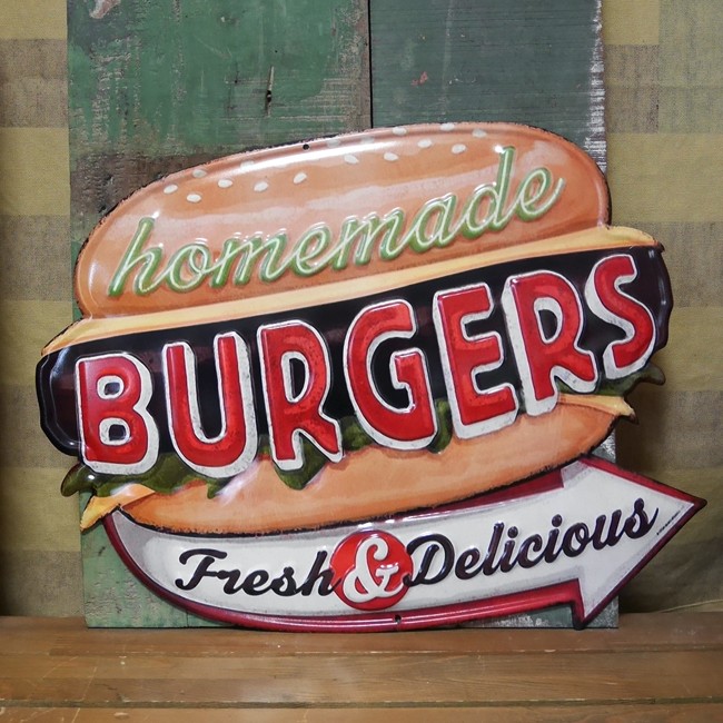 アンティークエンボスプレート ダイカット ハンバーガー  ブリキ看板 アメリカンインテリアの画像