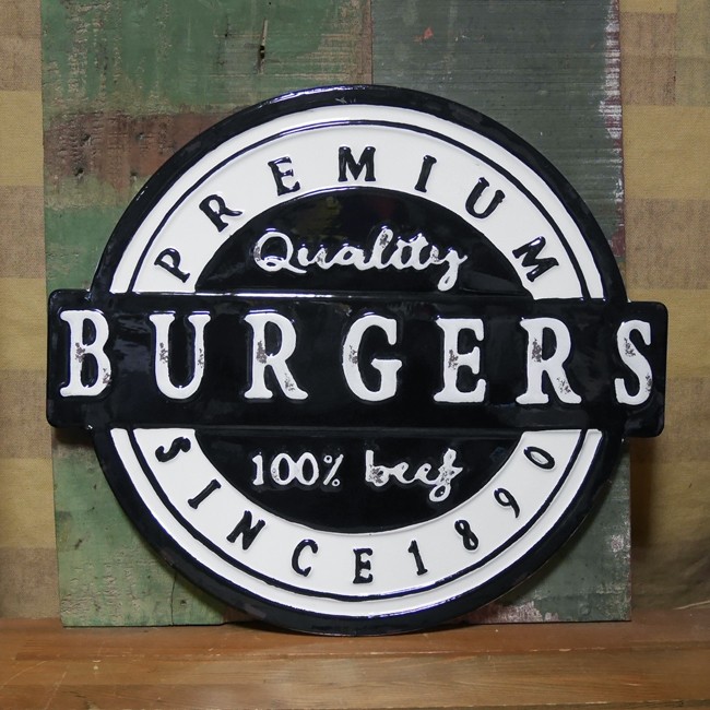 バーガーサイン エンボスメタルウォールデコ BURGERS ブリキ看板 アメリカン雑貨の画像