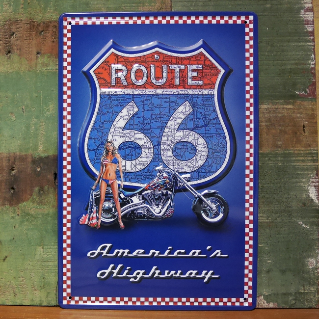  ルート66サイン看板 　エンボスティンサイン　ROUTE66 AMERICA'S HIGHWAY　アメリカン雑貨画像
