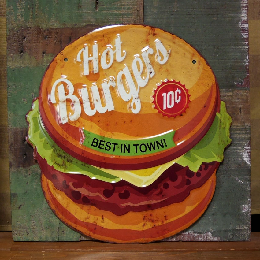 ハンバーガースティール看板 　エンボスティンサイン　アメリカン雑貨画像