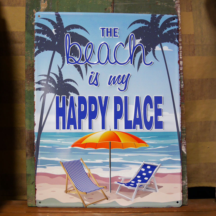 アンティーク エンボスプレート HAPPY PLACE Beach  ハワイアン インテリア  ブリキ看板 アメリカン雑貨画像