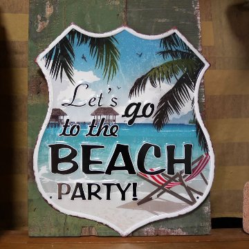 アンティーク エンボスプレート BEACH PARTY  ハワイアン インテリア  ブリキ看板 アメリカン雑貨画像