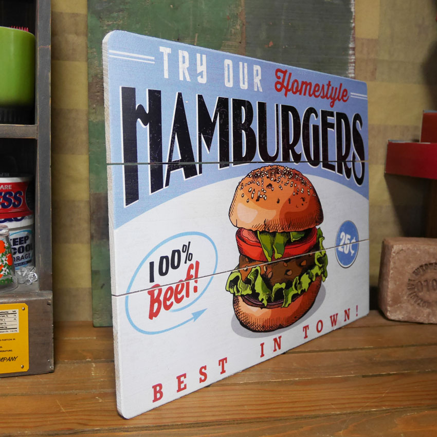 アメリカン ウッドサインボード ハンバーガー 木製看板 バーガーショップ アメリカン雑貨画像