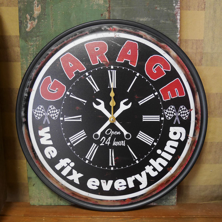 ガレージ 掛け時計 アンティークメタルクロック GARAGE アメリカン雑貨