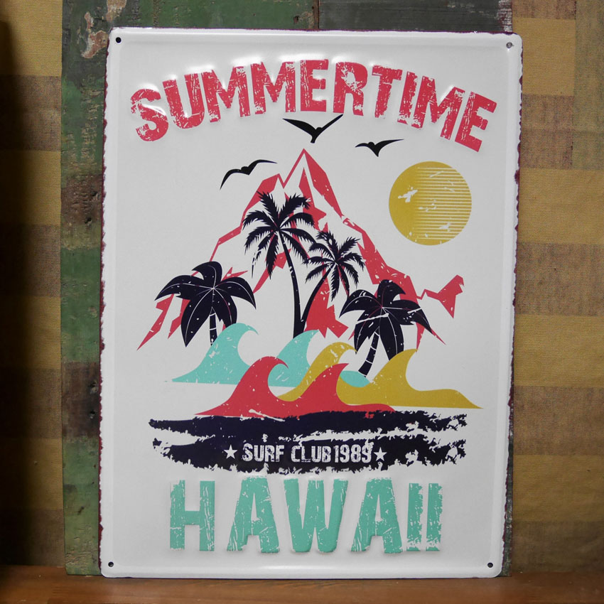 アンティークメタルプレート  SUMMER TIME HAWAII ブリキ看板 ハワイアン  サーフインテリア画像