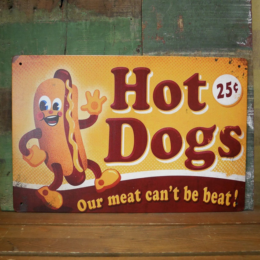 ホットドッグ アメリカン サインボード HOT DOGS A4 インテリアメタルプレート  インテリア ブリキ看板の画像